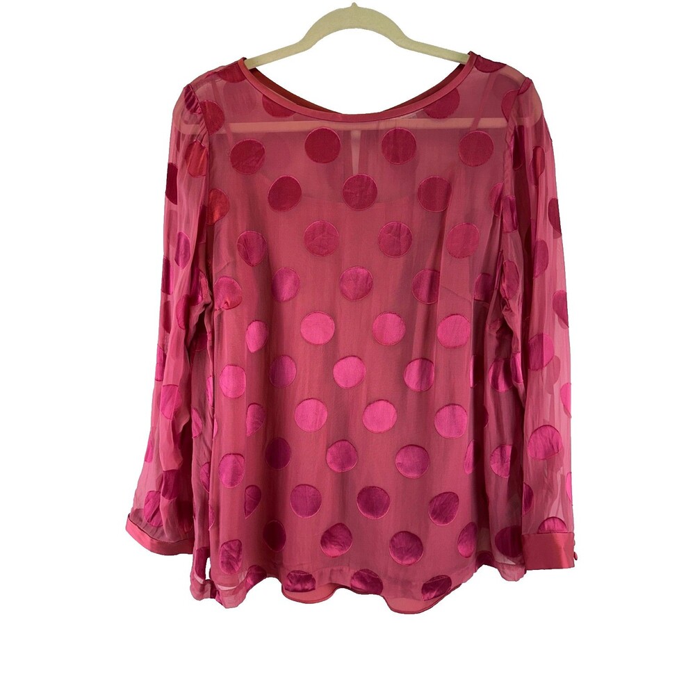 Boden Pink Polka Dot Silk Blouse Back Buttons Tank Layered Sheer Long Sleeve 14